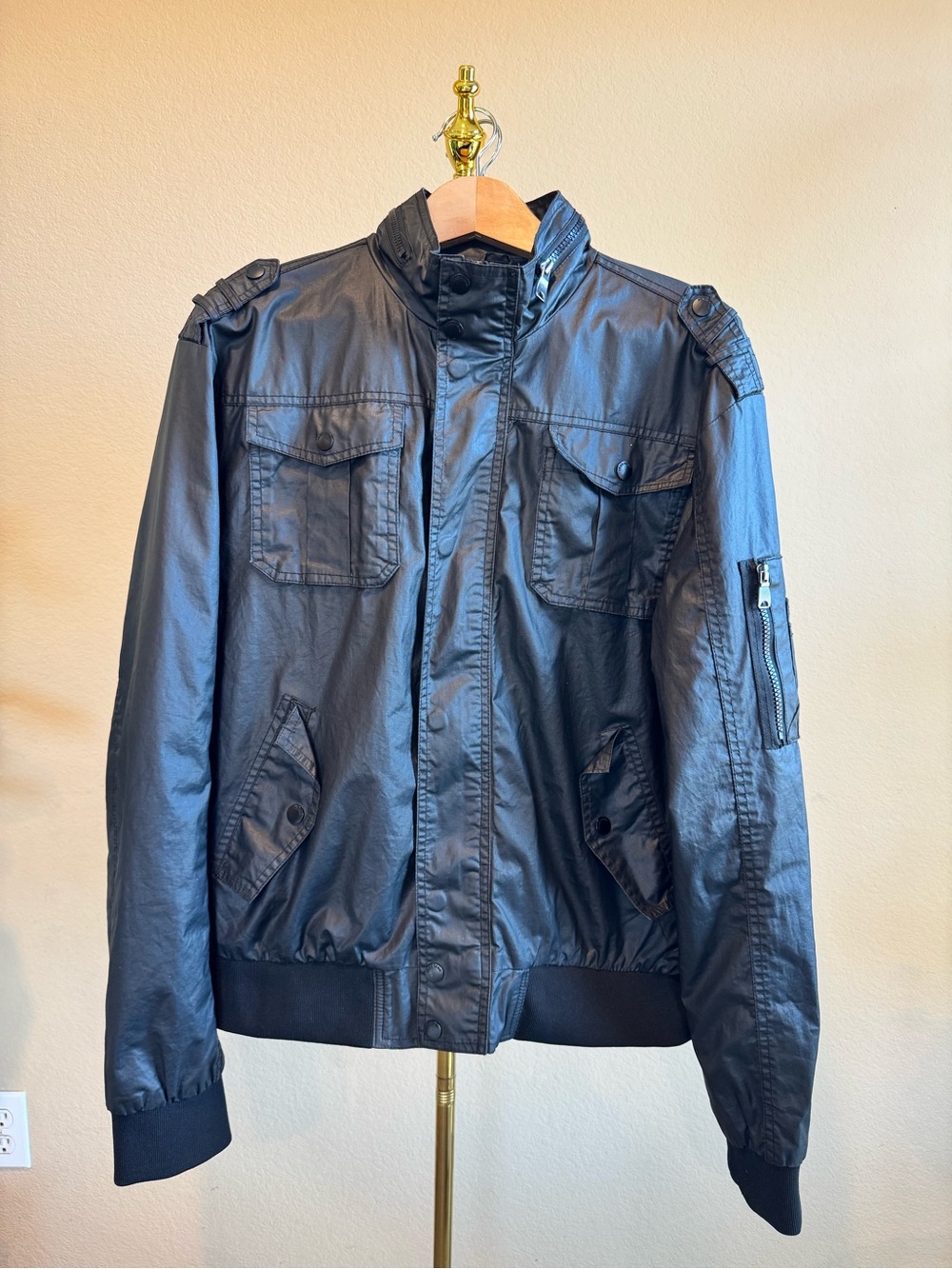 Fried Denim Men’s Black Moto Bomber Jacket Size XL Coated Cotton Military Biker